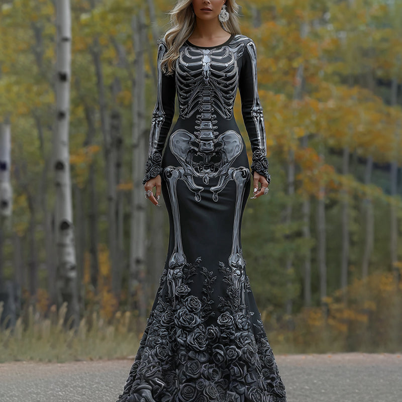 Women's Vintage Halloween Skeleton Bones With Rose Art Cozy Long Sleeve Maxi Dress