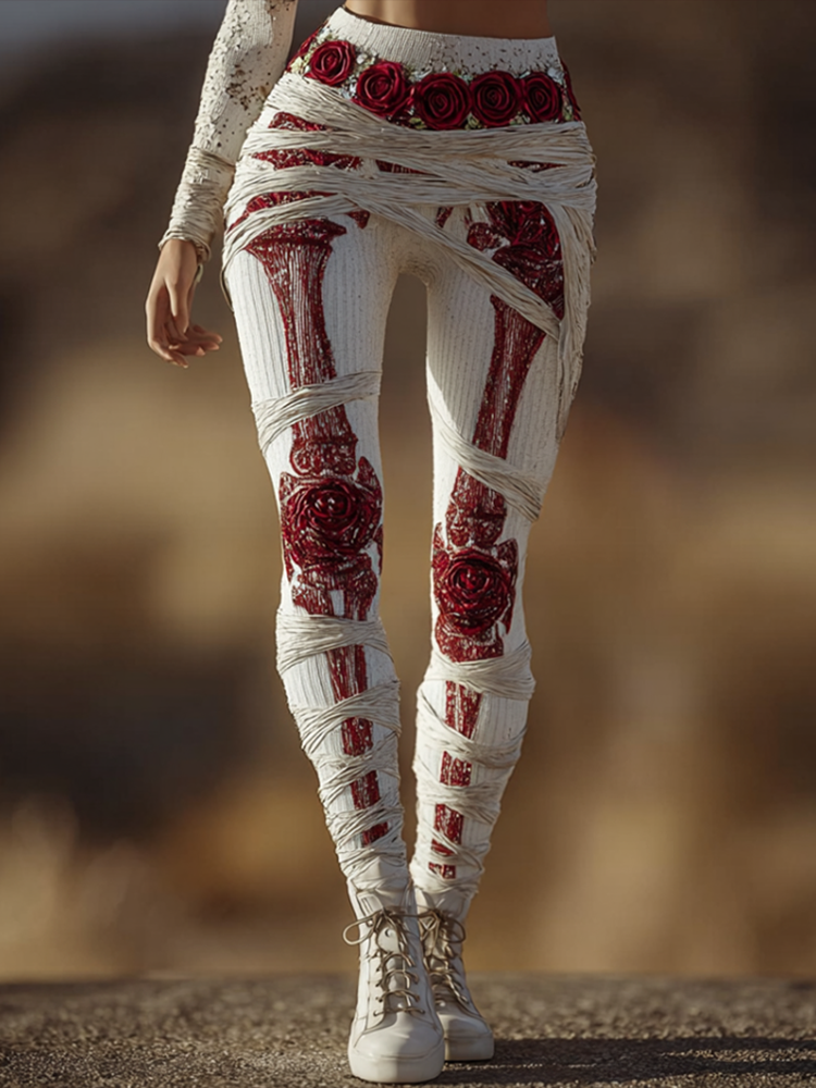 Halloween-themed Line Art Women's Knitted Tight-fitting Leggings.