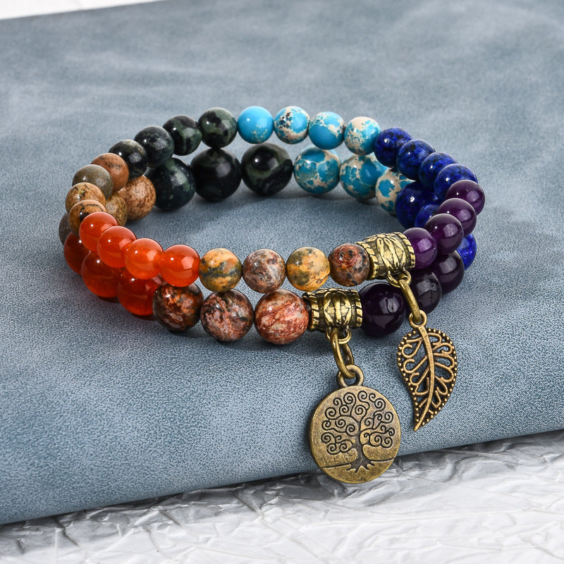 Tree Of Life & Leaf Pendant Colorful Agate Bracelet