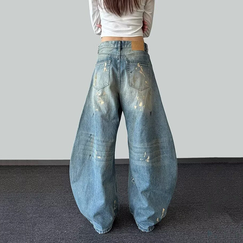 Vintage Washed Distressed Paint Splatter Loose-fitting Baggy Jeans For Women