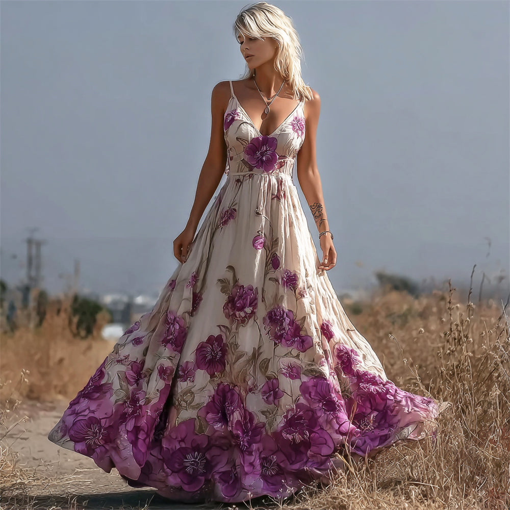 Boho Floral Embroidery Vintage Women's Linen Spaghetti Strap Maxi Dress