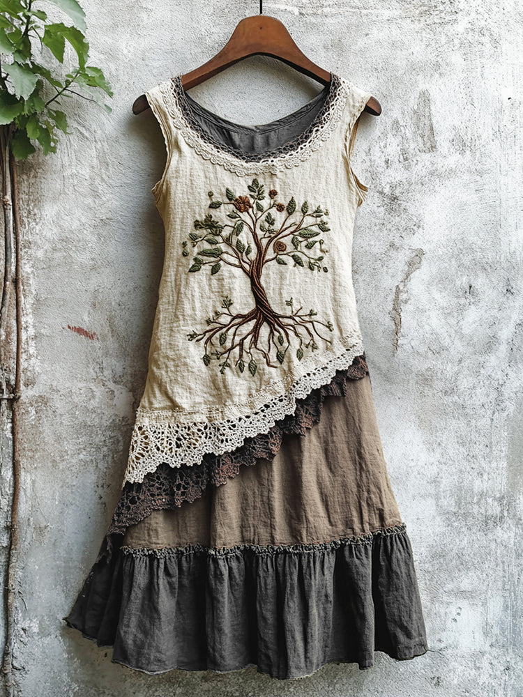 Viking Celtic Tree Of Life Lace Art Patchwork Linen Tank Dress