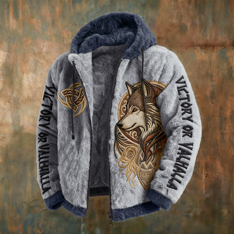Men's Viking Tribal Jacquard Celtic With Wolves Inspired Plush Warm Zipped Hooded Jacket