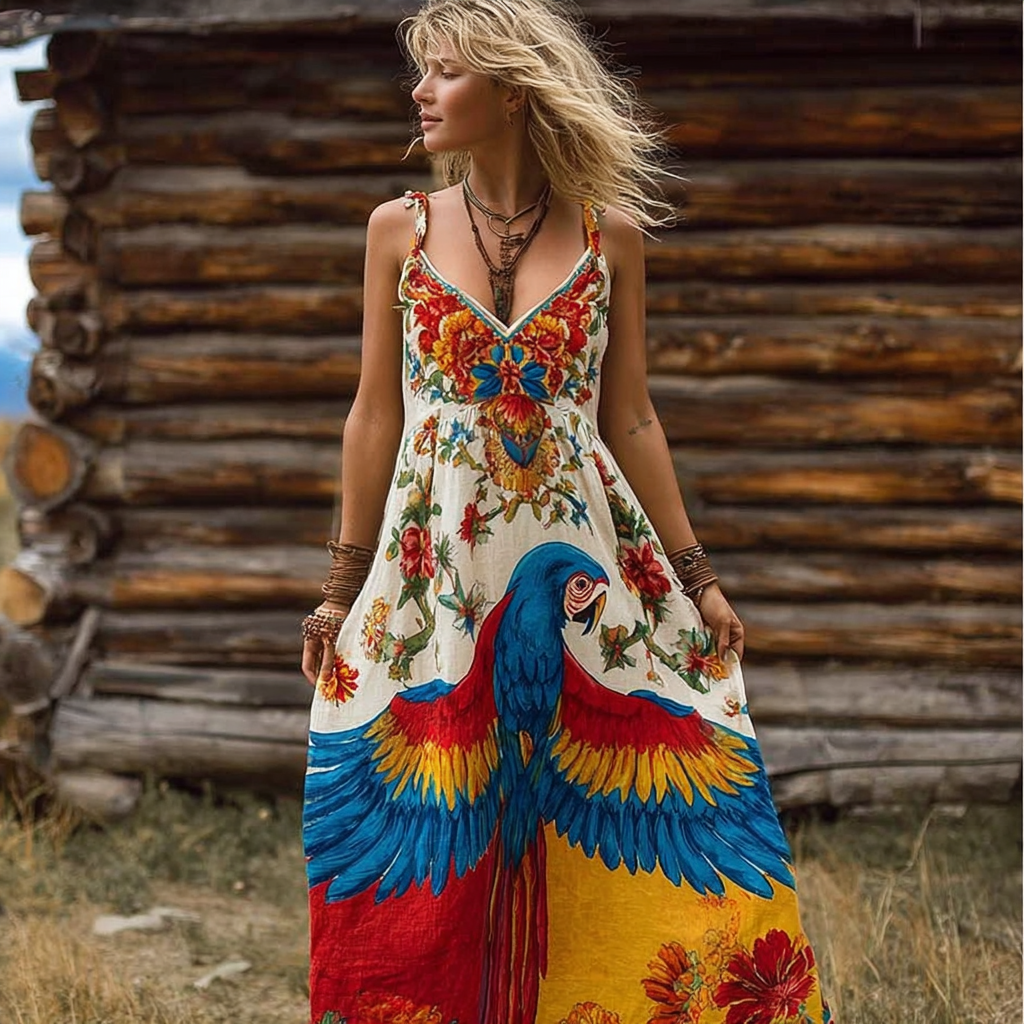 Bohemian Style Flower And Bird Pattern Retro Print Women's Dress
