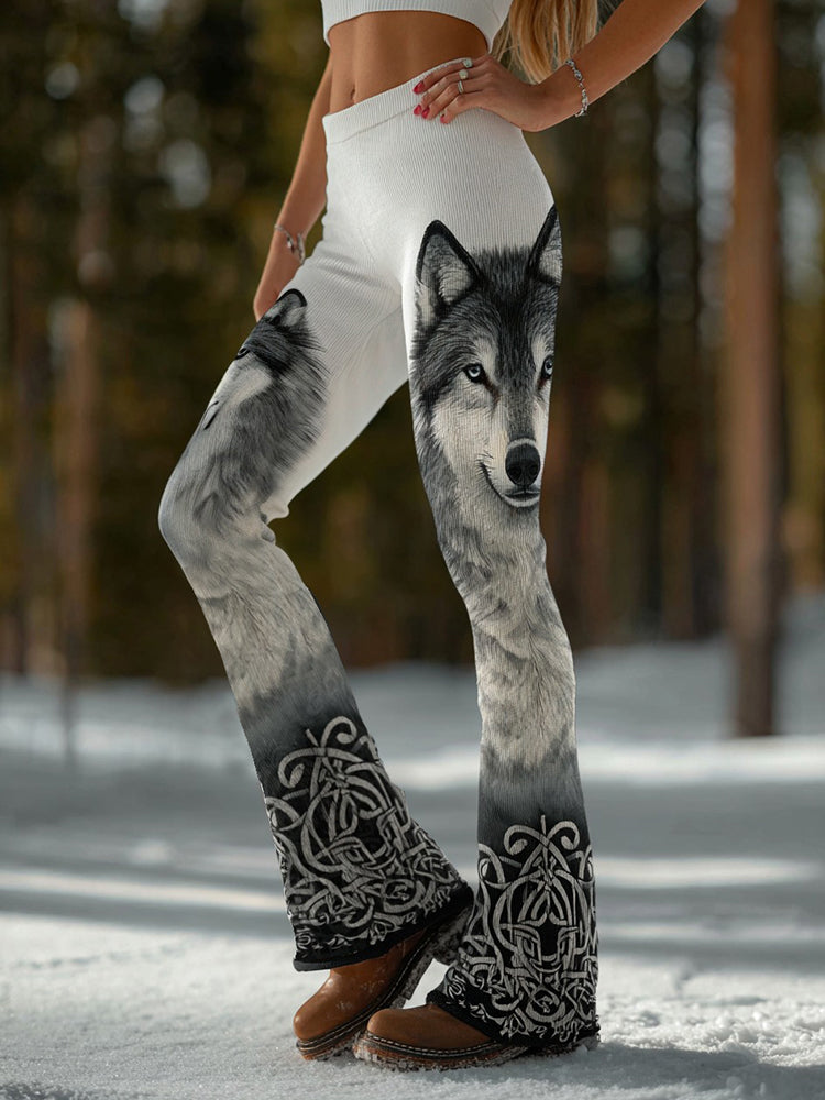 Vintage Wolf Celtic Gradient Art Cozy Knit Flared Leggings
