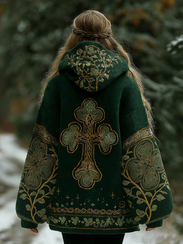 Women's St Patrick's Day Celtic Cross With Shamrock Print Knit Zipper Hoodie