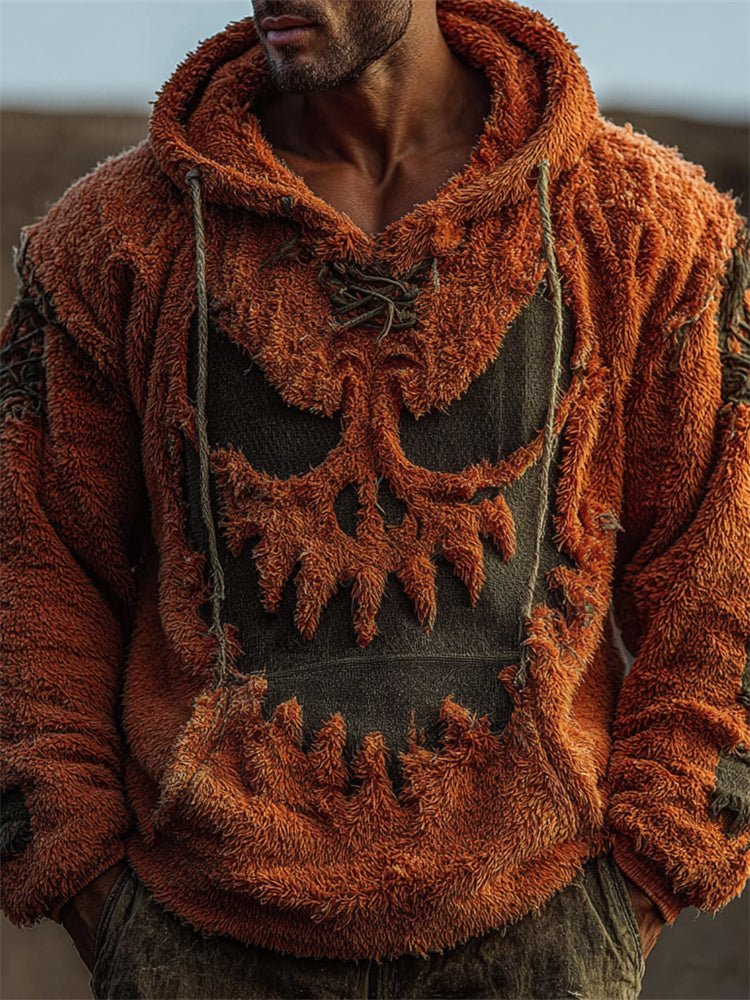 Men's Halloween Evil Pumpkin Face Distressed Cozy Plush Hoodie