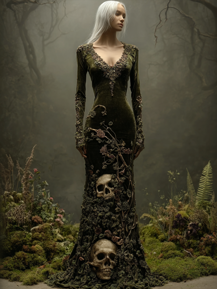 Halloween Dark Forest Ladies V-neck Velvet Long Dress