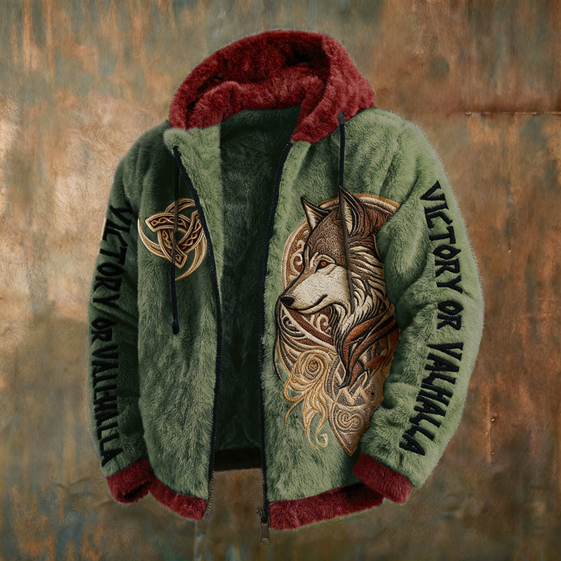 Men's Viking Tribal Jacquard Celtic With Wolves Inspired Plush Warm Zipped Hooded Jacket