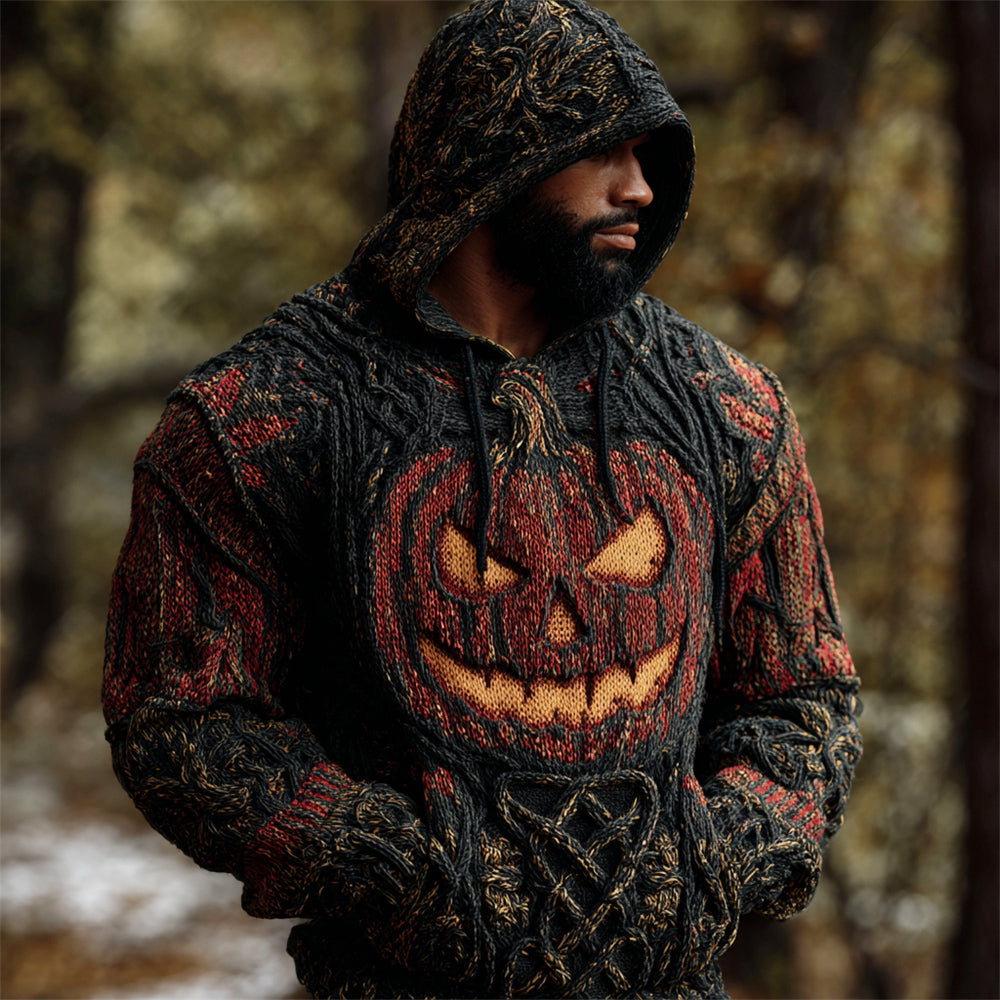 Halloween Pumpkin Lights Men's Chunky Knit Hooded Sweater