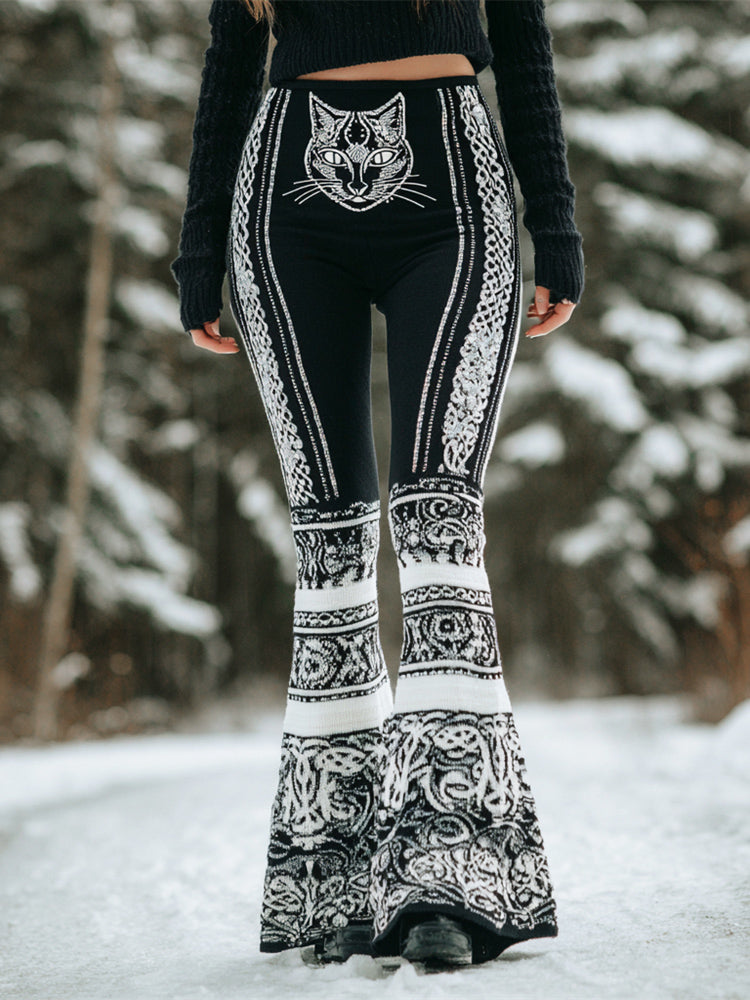 Celtic Cat Theme Design Women's Flared Leggings