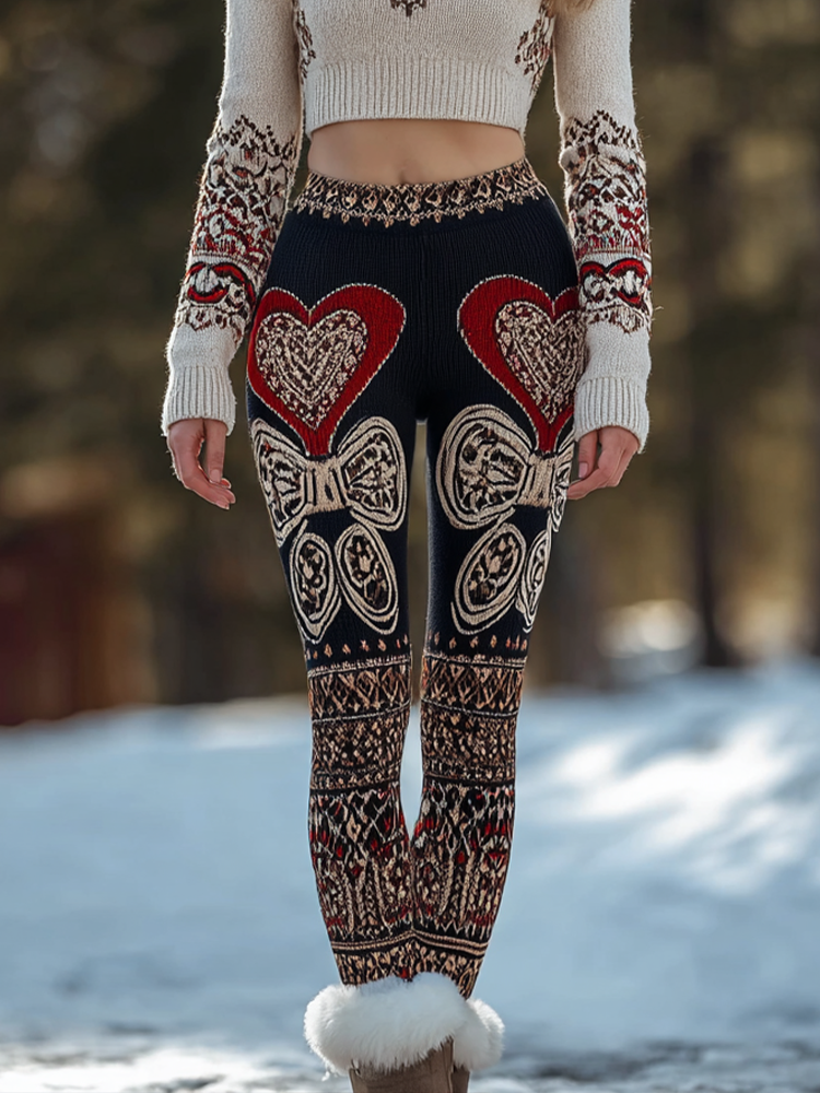Valentine's Day Retro Viking Style Heart Pattern Printed Women's Tight-fitting Leggings