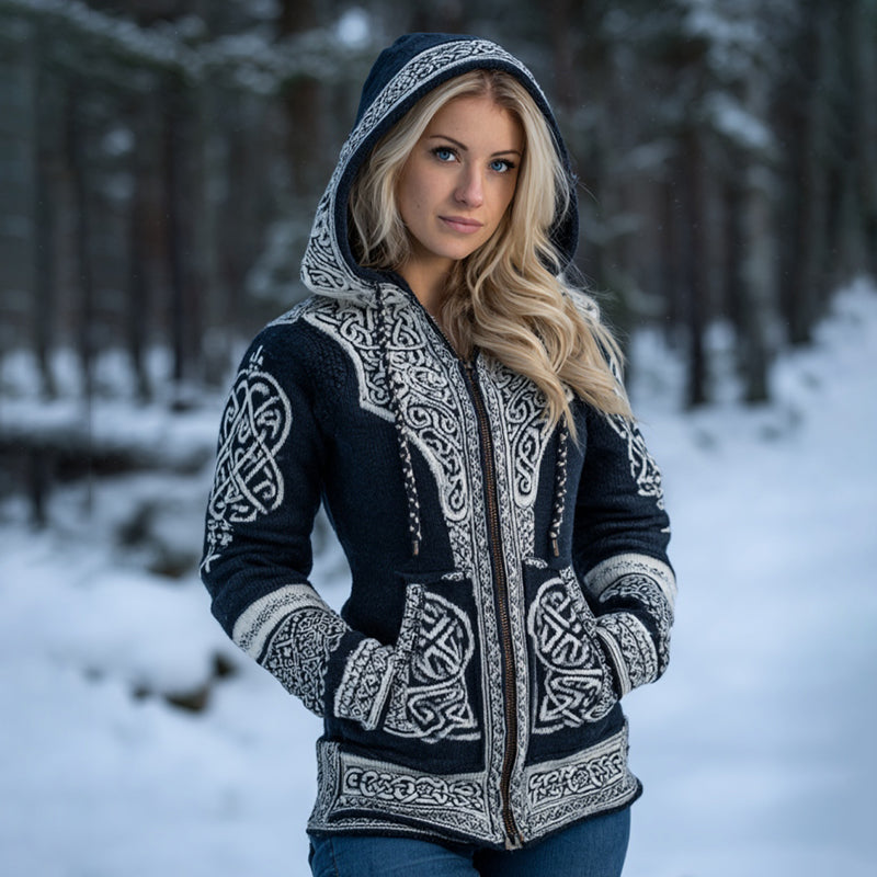 Women's Retro Viking Celtic Knot Pattern Knit Zip Up Hooded Sweater