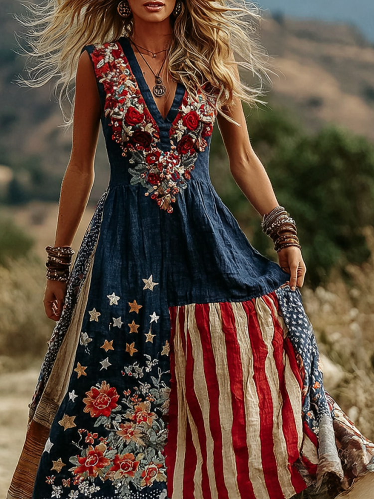 Women's Retro Independence Day Floral Patchwork Art Casual Linen Sleeveless Maxi Dress