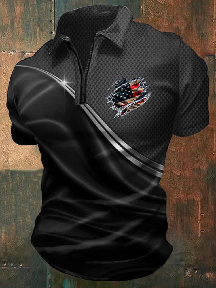 Men's Casual Independence Day Flag Print Zipper Polo Shirt