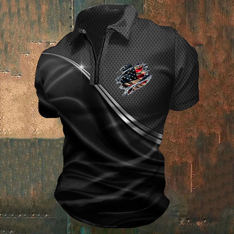 Men's Casual Independence Day Flag Print Zipper Polo Shirt