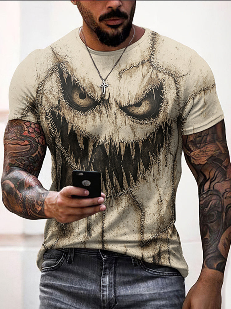 Vintage Halloween Horror Scary Face Inspired Painting Casual Linen T-shirt