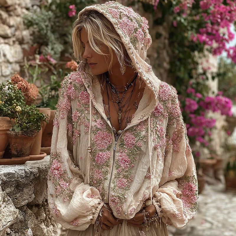 Bohemian Style Pink Rose Vintage Zip-up Hoodie