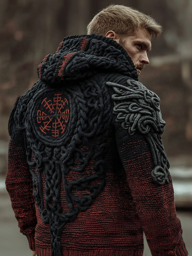 Men's Vegvisir Viking Runes Gradient Chunky Zipper Up Hooded Sweater