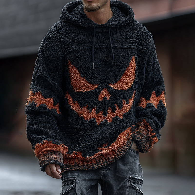 Men's Halloween Spooky Face Art Inspired Knitted Distressed Hooded Sweater