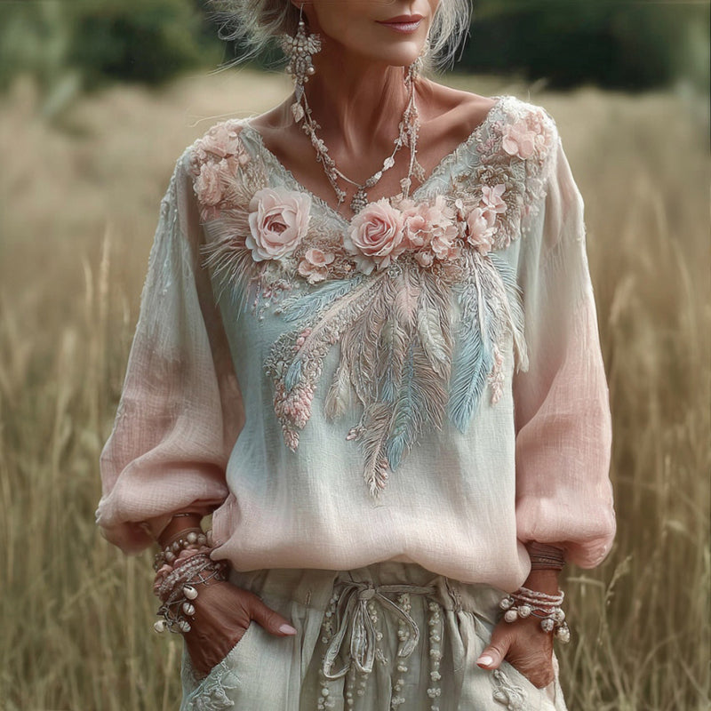 Women's Feather Floral Embroidery Linen V-neck T-shirt