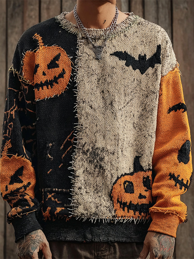 Pumpkin & Bat Irregular Patchwork Men's Sweater