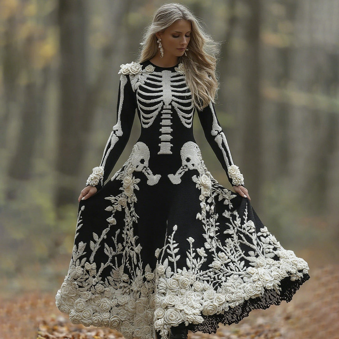 Women's Retro Halloween Skeleton Bones With Rose Art Cozy Knitted Warm Long Sleeve Maxi Dress