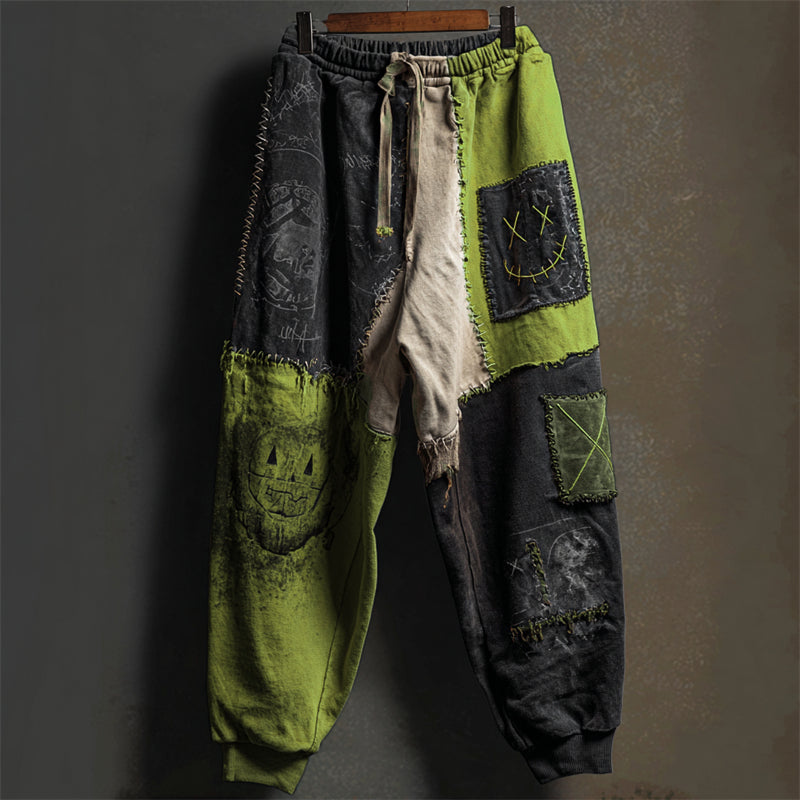 Halloween Stitched Faces Colorblock Patchwork Sweatpants