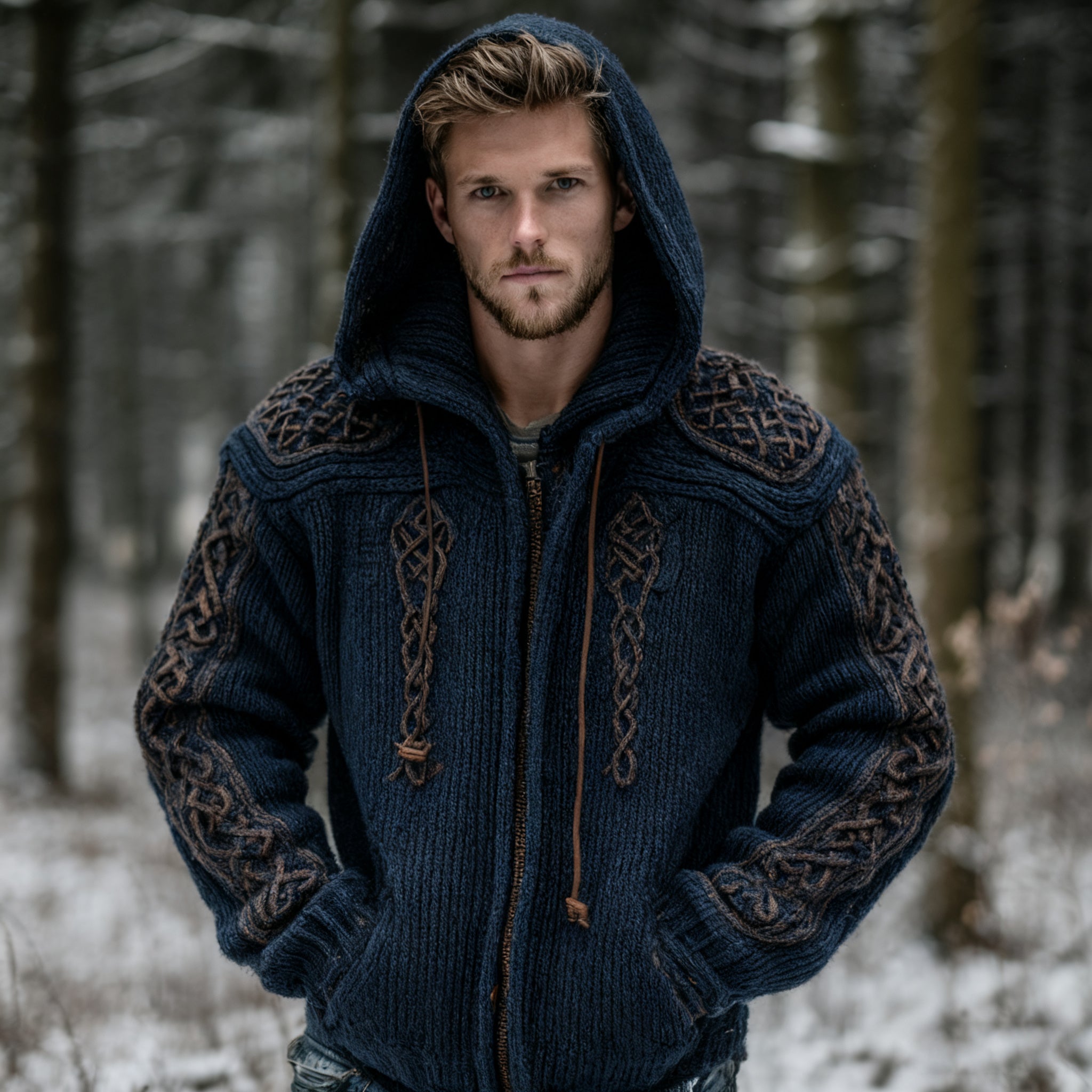 Men's Vintage Viking Celtic Knot Art Full Zip Cozy Knit Hoodie