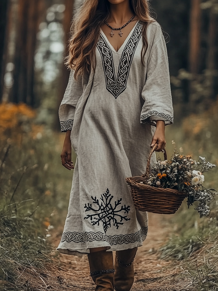 Vintage Viking Celtic Knot Cotton Linen Mixi Dress
