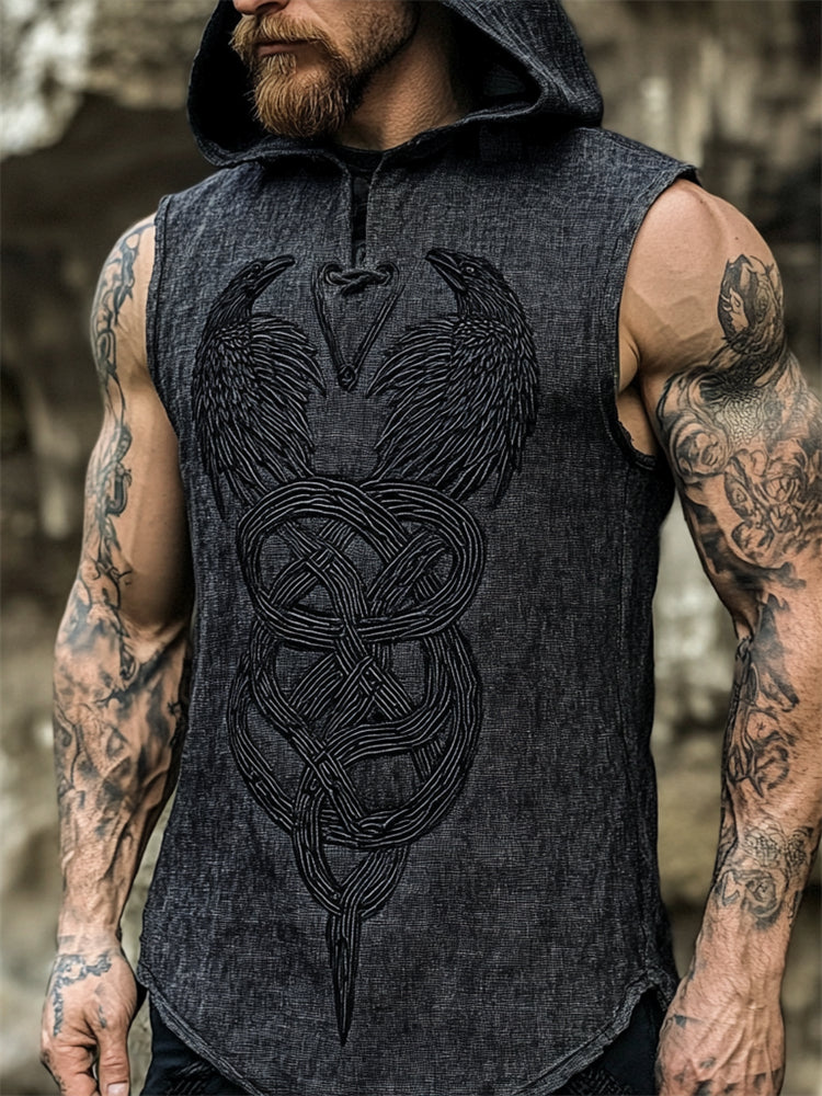 Men's Viking Ravens Celtic Knot Embroidered Hooded Linen Vest