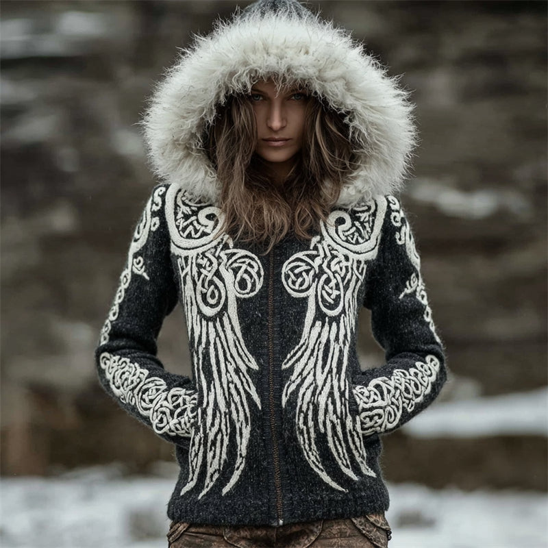 Vintage Viking Celtic Wings Cozy Fur Hooded Cardigan