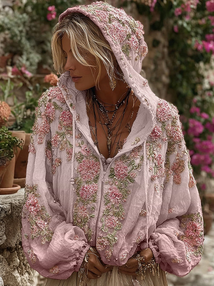 Bohemian Style Pink Rose Vintage Zip-up Hoodie