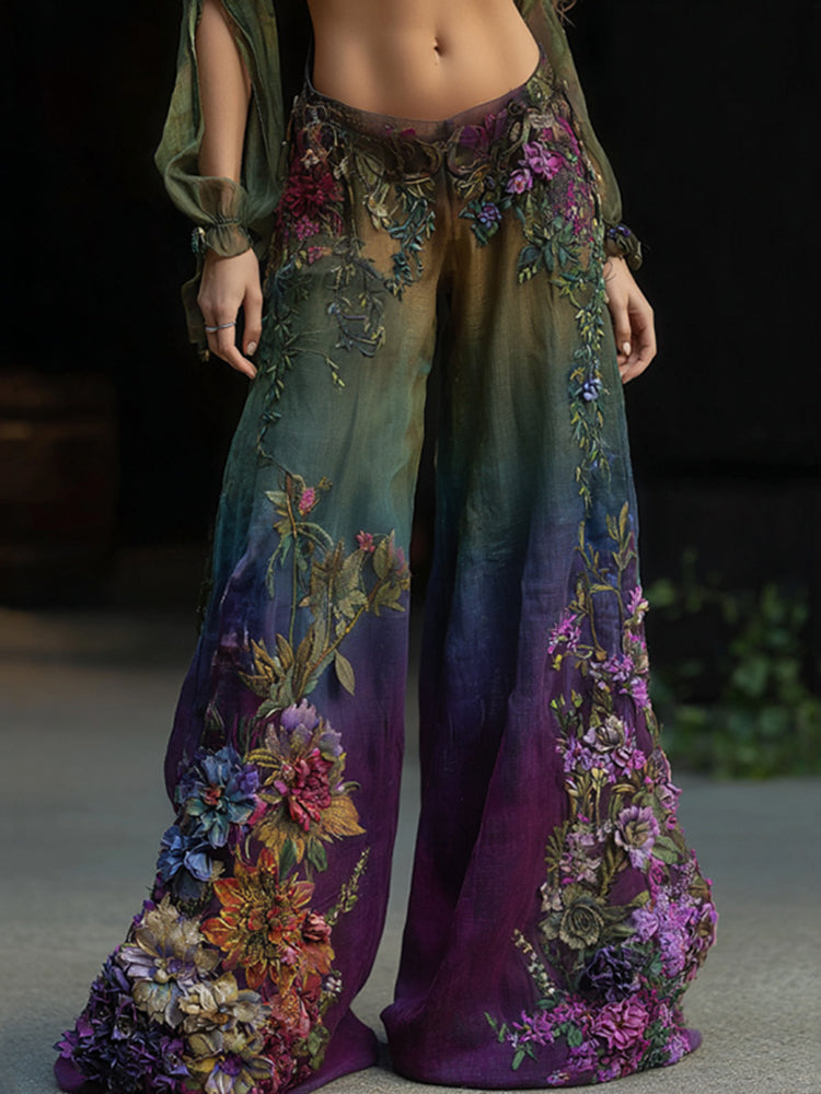 Vintage Classy Gradient Purple Peacock And Floral Embroidered Art Linen Blend Casual Pants