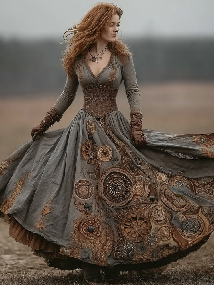 Retro Steampunk Clock & Gear Inspired Flowy Linen Maxi Dress