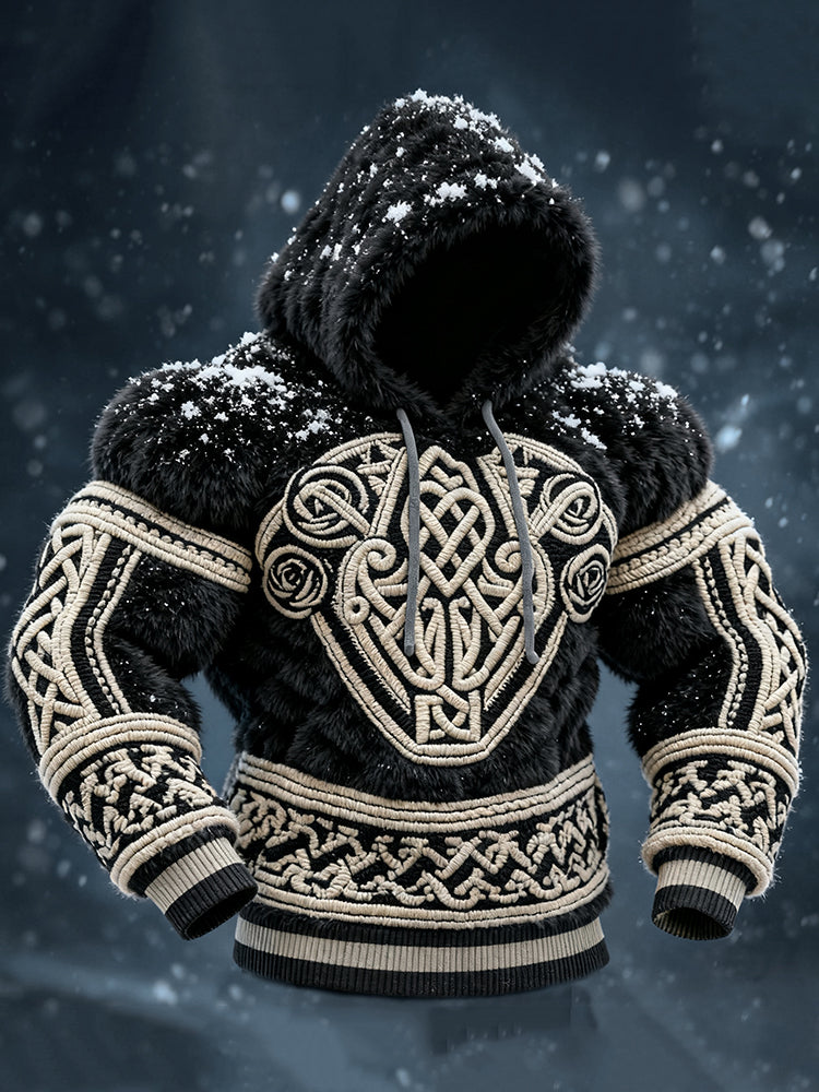 Men's Viking Tribal Jacquard Celtic Muscle Line Inspired Art Plush Warm Hoodie