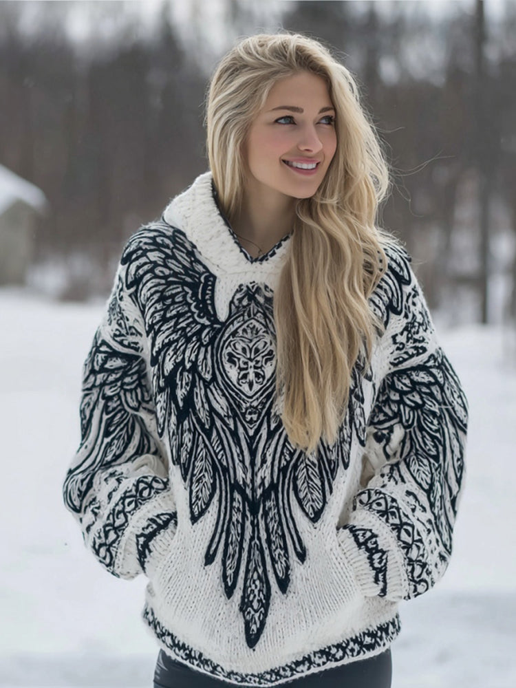 Women's Retro Celtic Knot And Wing Pattern Comfortable Hooded Sweater