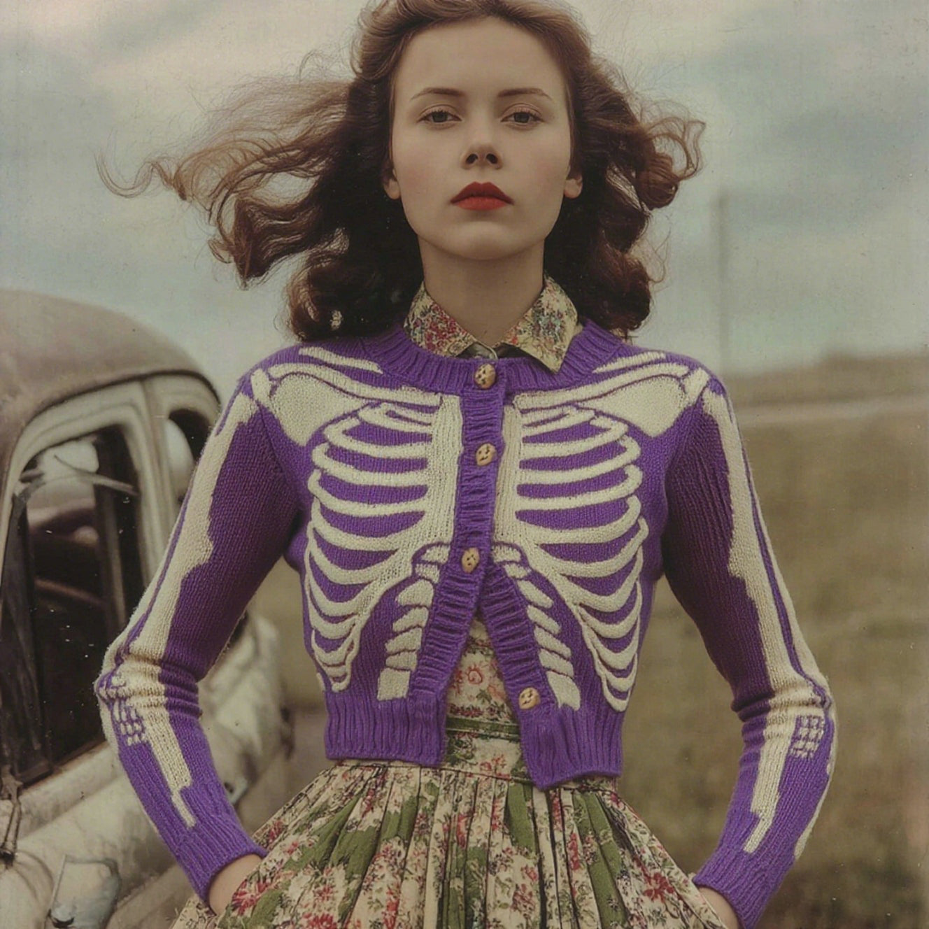 Women's Vintage Skull Ribs Pattern Cozy Knit Sweater Cardigan