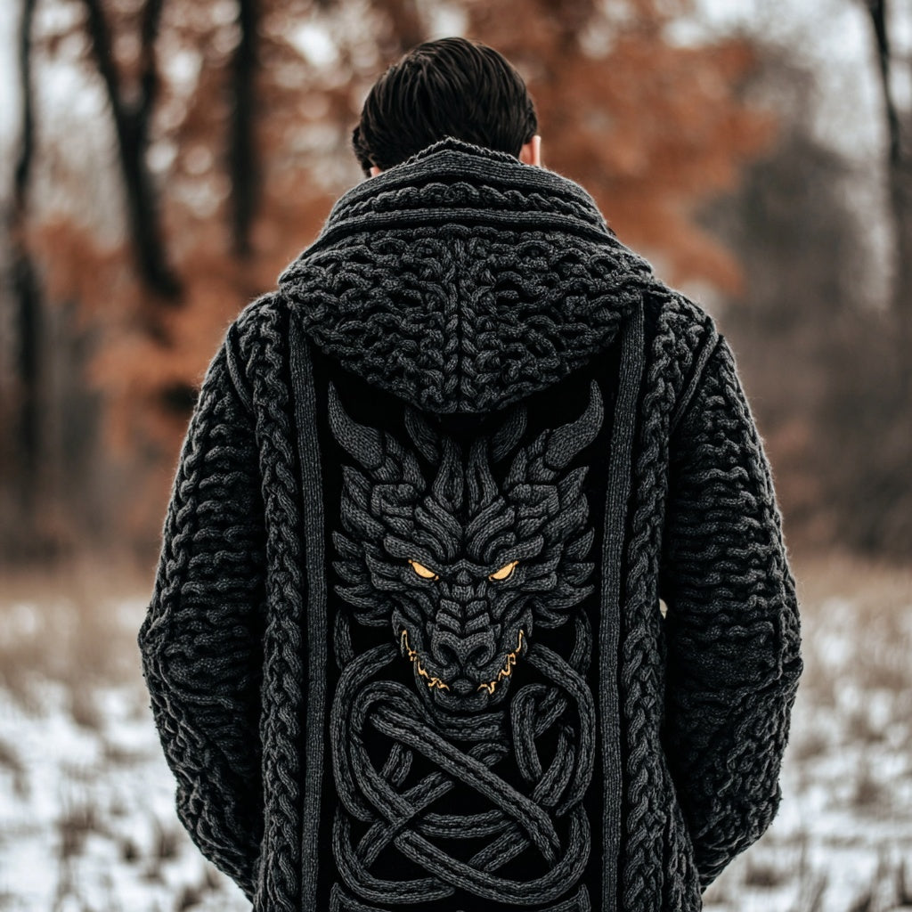 Men's Viking Inspired Celtic Dragon Chunky Sweater Cardigan