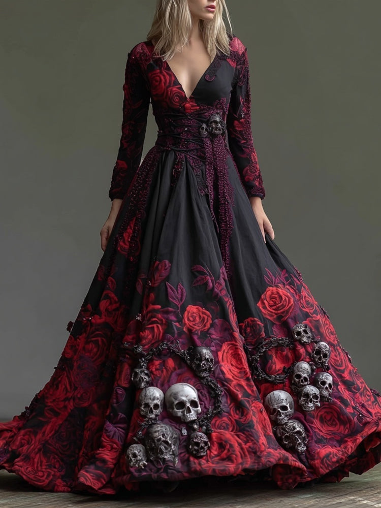 Vintage Gothic Roses & Skulls Embroidered Flowy Maxi Dress