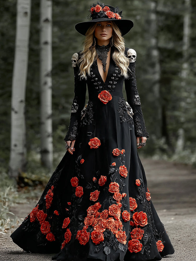 Women's Elegant Flower Skull Pattern V-neck Long Sleeve Maxi Dress