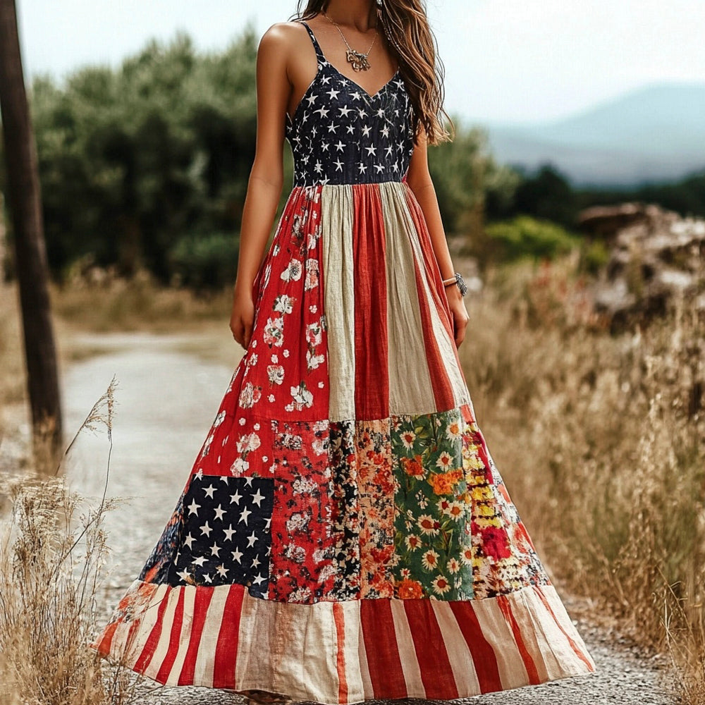 American Flag Vintage Boho Floral Women's Linen Slip Dress