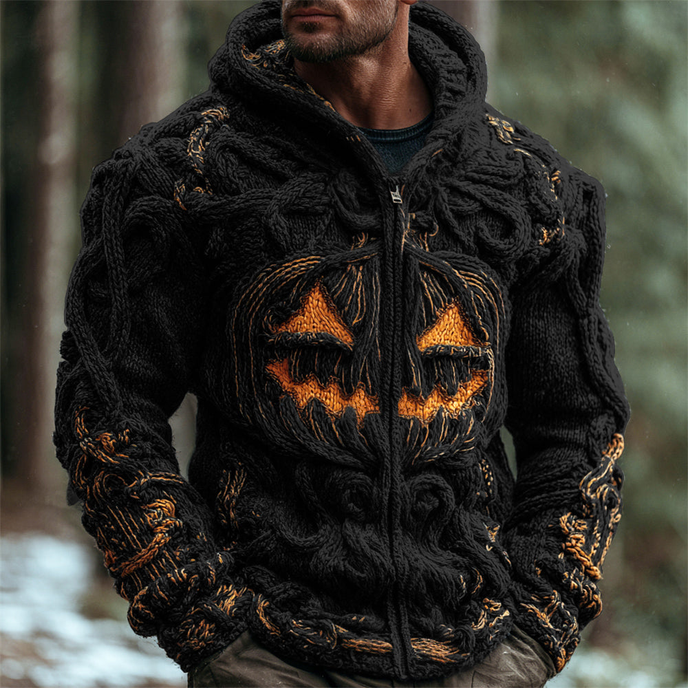 Halloween Pumpkin Emoji Men's Chunky Knit Full Zip Hooded Sweater