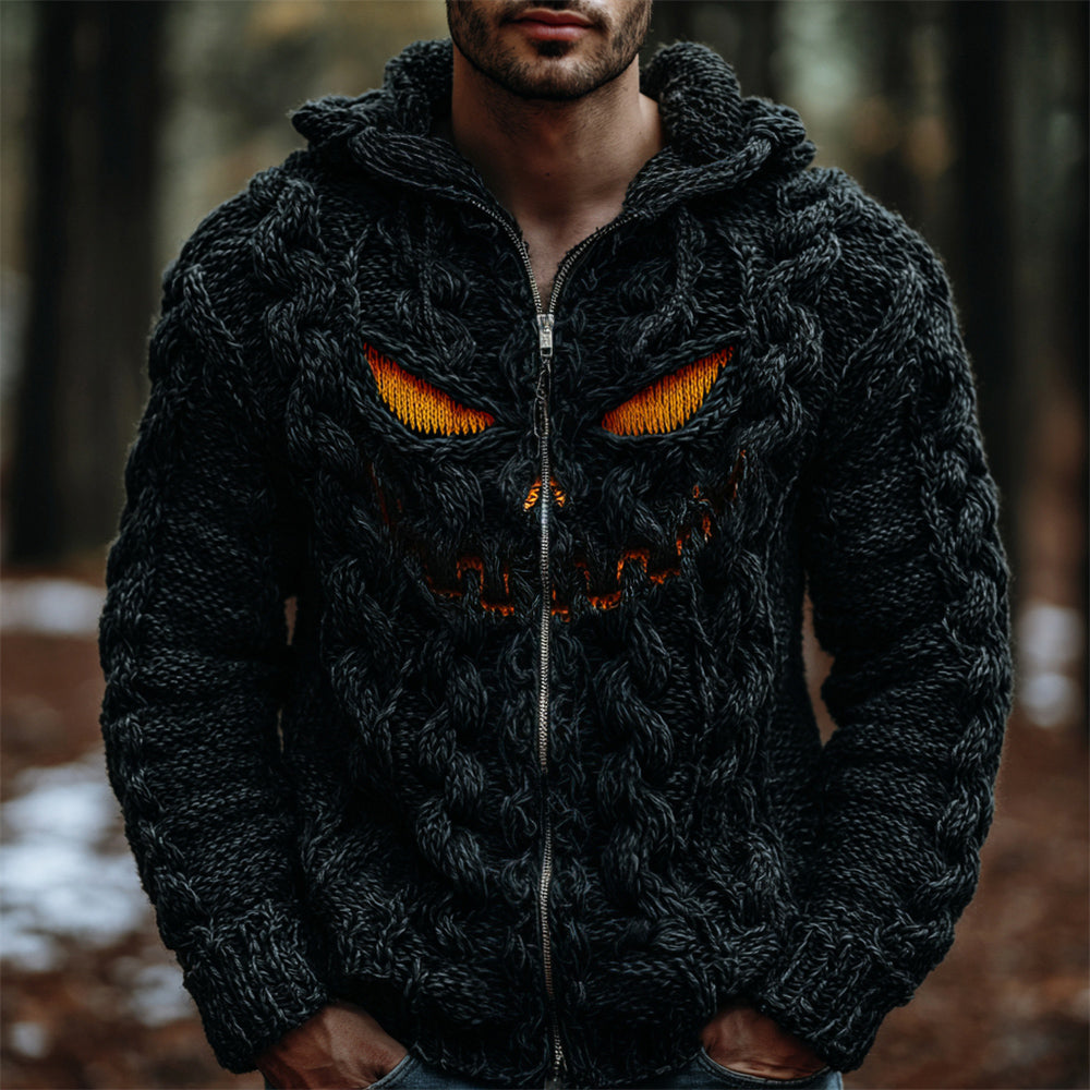 Halloween Evil Pumpkin Face Men's Chunky Knit Full Zip Hooded Sweater
