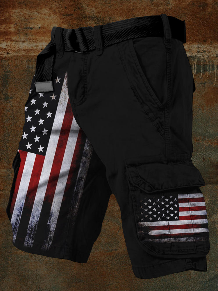 Men's American Flag Print Vintage Cargo Shorts