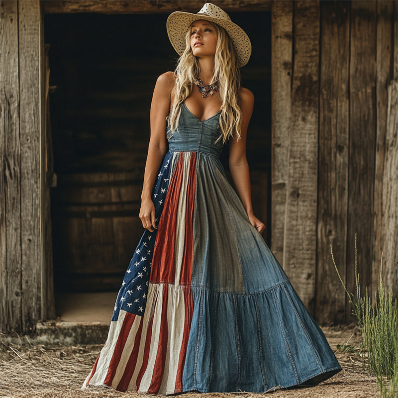 American Sweetheart Cowgirl Flag Patchwork Cami Maxi Dress