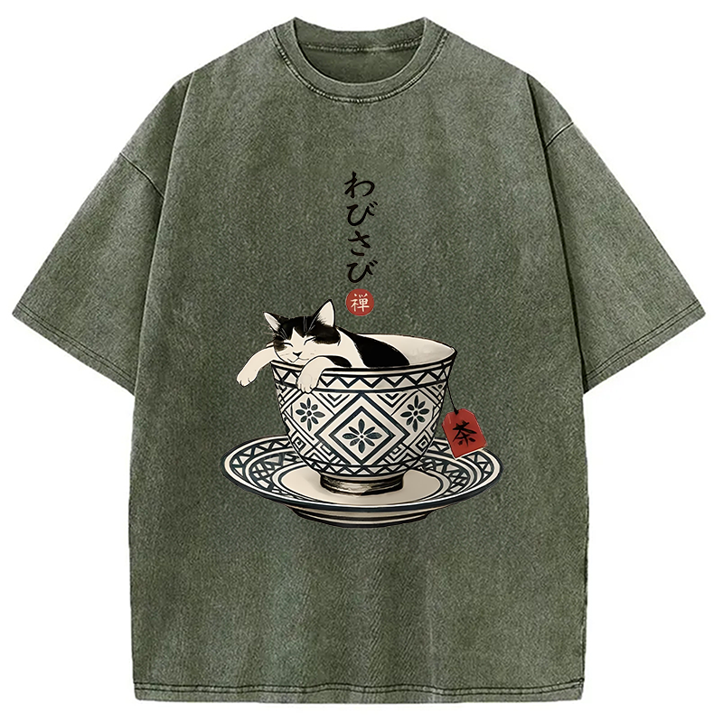 A Cozy Cat In A Teacup Washed T-shirt