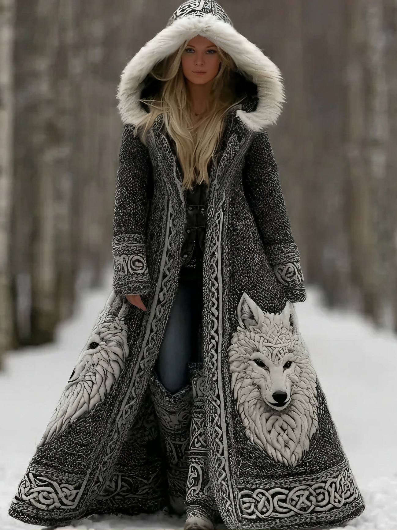 Women's Viking Celtic Wolf Art Knitted Jacquard Cozy Fur Trim Hooded Cardigan