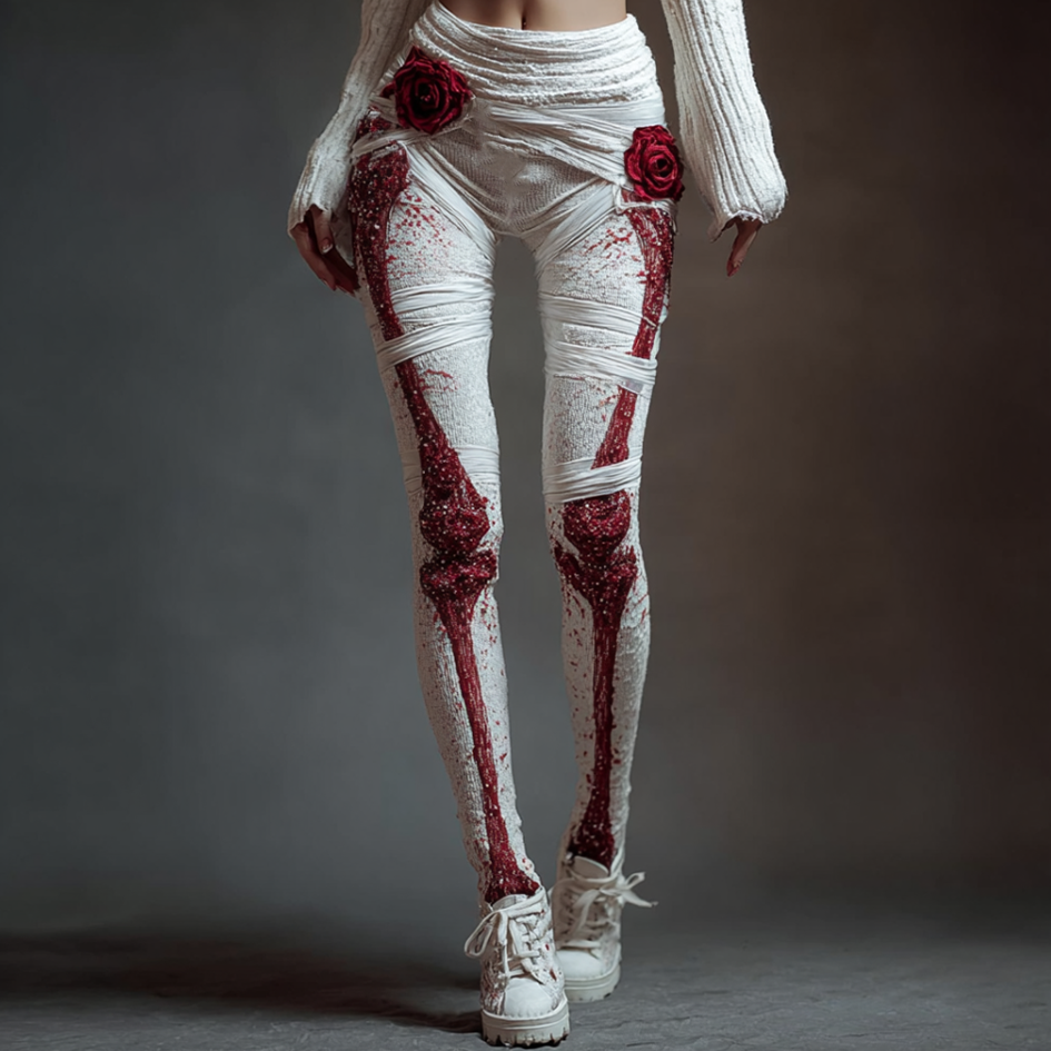 Halloween-themed Line Art Women's Knitted Tight-fitting Leggings.
