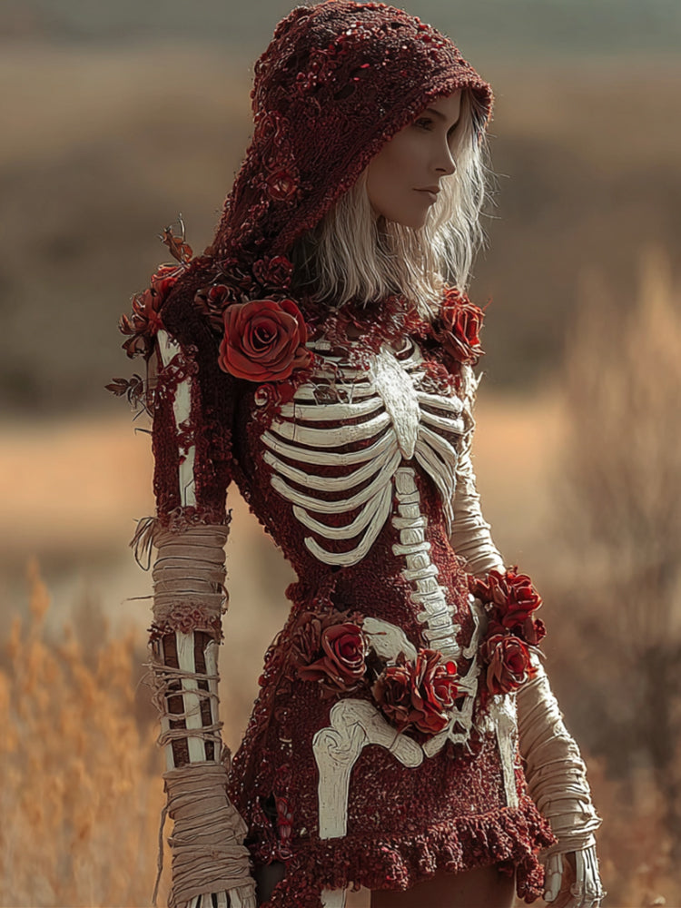 Women's Halloween Skeleton And Crimson Rose Glitter Bandage Dress